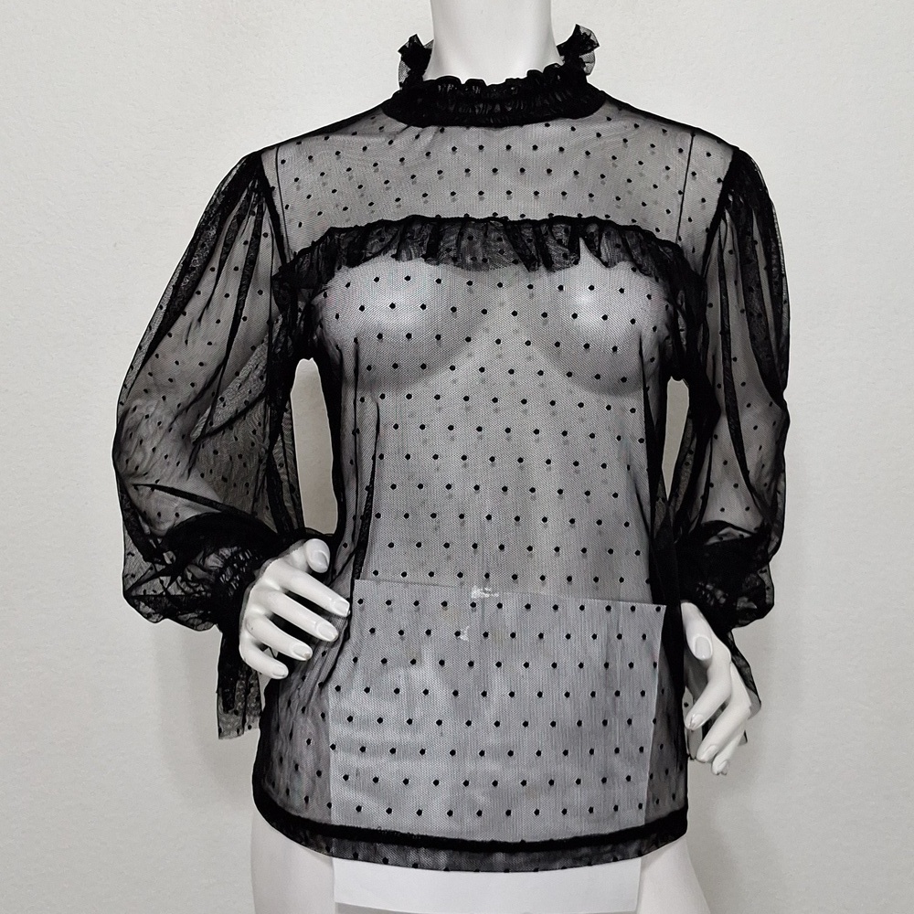 Willow Black Whimsygoth Polka Dot Ruffles Ballon Sleeves Sheer Fairy Top Size L